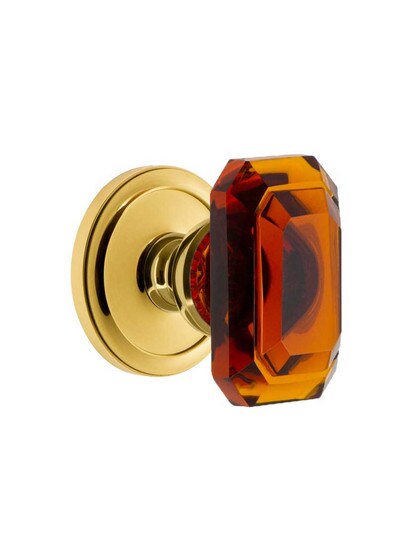 Grandeur Circulaire Rosette Door Set with Amber Crystal-Glass Baguette Knobs in Polished Brass.